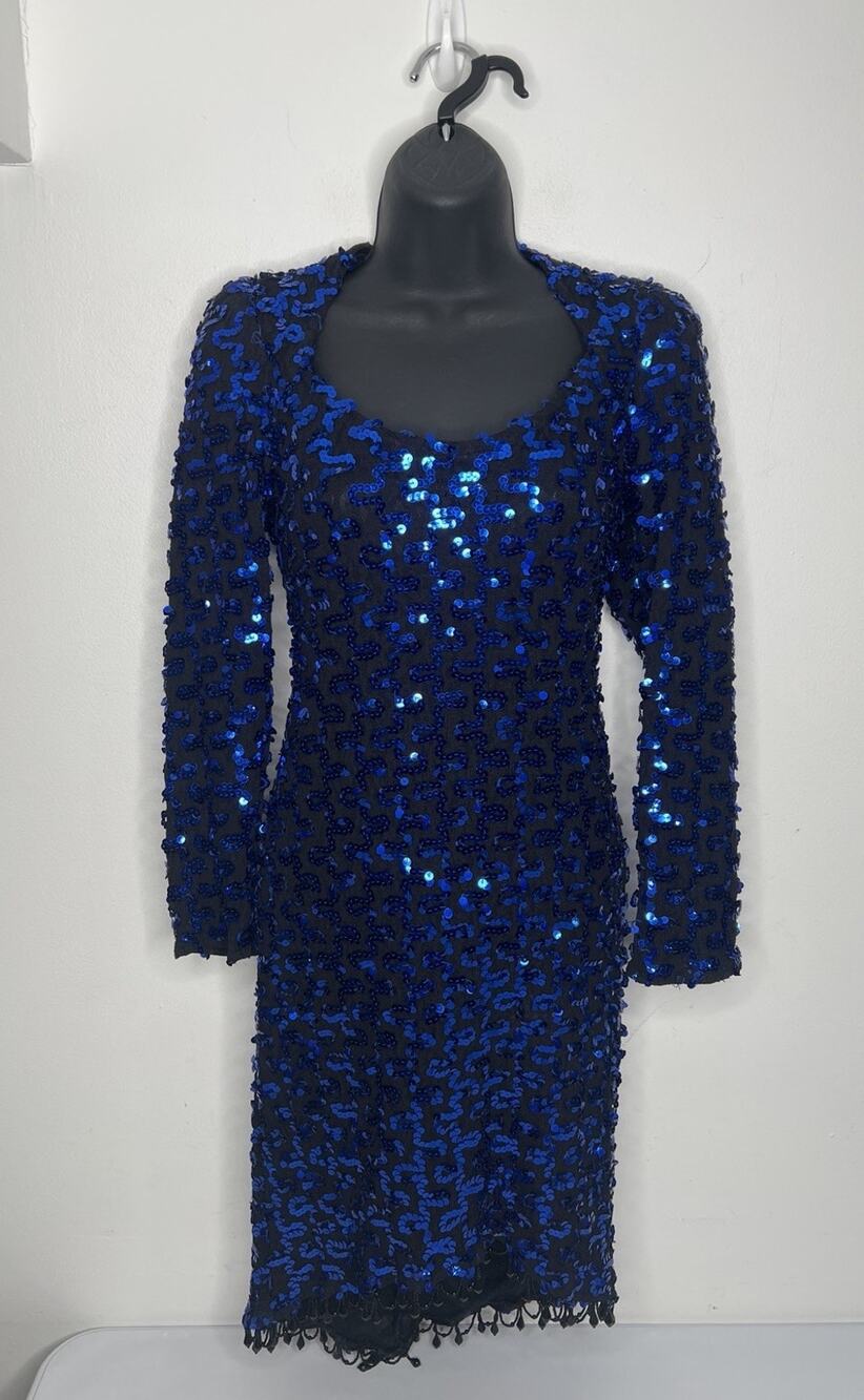 VTG 80s Sequin Cocktail Dress Blue Cutout Beaded Fringe Zum Zum TAG Sz 9/10